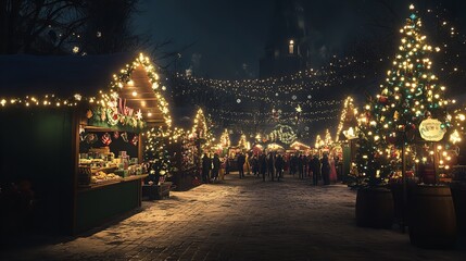 A festive New Year market at night with stalls