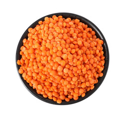 Raw lentils in bowl isolated on white, top view