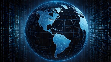 Fototapeta premium Digital Glowing Globe with Futuristic Blue Light Effects and Network Connections ,Technology, Global Communication, and Digital Connectivity Concepts in a Virtual World .