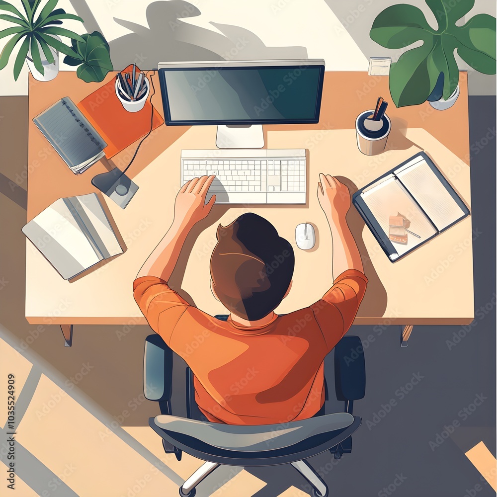 Poster top view of person working at desk with computer keyboard and mouse