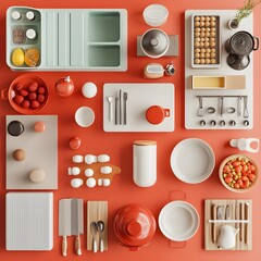 Kitchen Utensils and Accessories Flat Lay on Red Background