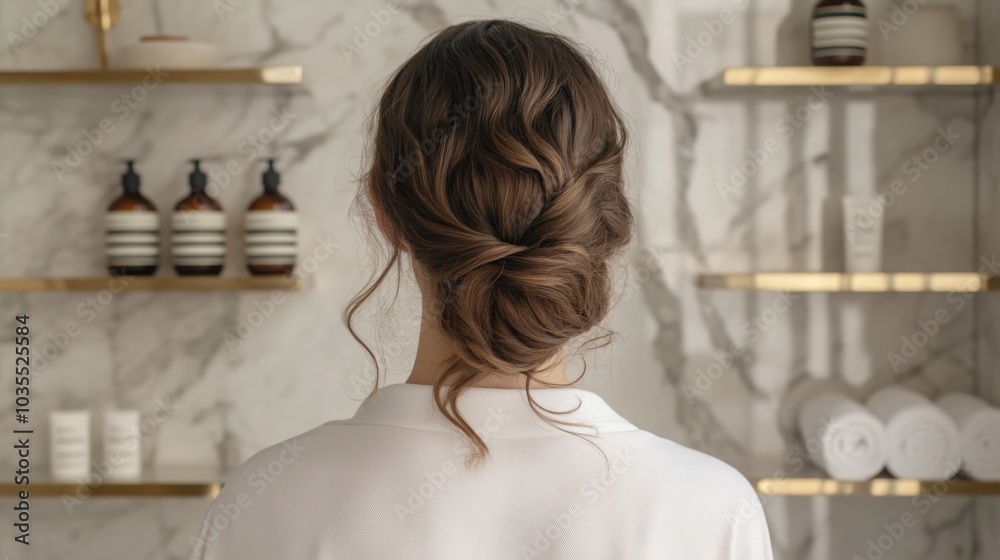 Poster a woman with styled hair faces a marble wall adorned with neatly arranged spa products, creating a t