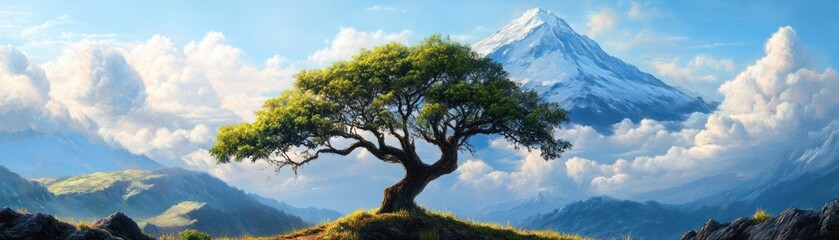 Obraz premium A solitary tree stands majestically against a backdrop of mountains and clouds, showcasing the beauty of nature.