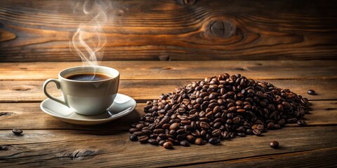 Naklejka premium A steaming cup of coffee sits beside a pile of roasted coffee beans on a rustic wooden surface.