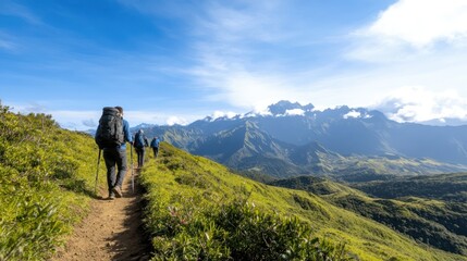 Hikers trek along a scenic mountain trail, surrounded by lush greenery and distant snow-capped peaks under a clear blue sky.