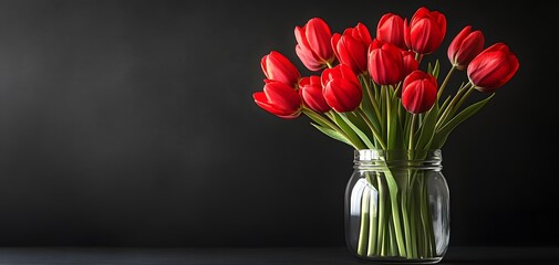 Fototapeta premium A stunning arrangement of red tulips in a clear jar against a solid black background, providing copy space