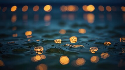 Abstract background of blurry golden lights reflecting in the water at night.