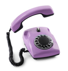 Old violet telephone with rotary dial isolated on white