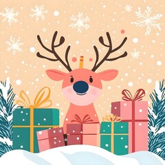 Cute Reindeer with Christmas Presents and Snowflakes