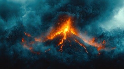 Fototapeta premium Dramatic Volcano Eruption with Flowing Lava