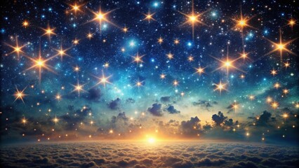 A celestial dreamscape of twinkling stars and golden light emanating from clouds below a bright, glowing night sky
