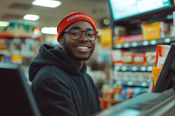 A friendly retail salesperson standing behind the cashier, People photography