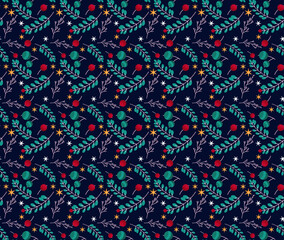 Christmas Seamless Blue Background with Red Berries and Branches. Holiday Backgrounds for Christmas Packaging and Seasonal Design