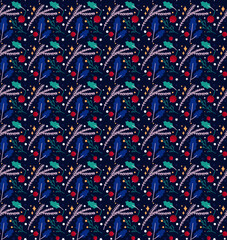 Christmas Seamless Blue Background with Red Berries and Branches. Holiday Backgrounds for Christmas Packaging and Seasonal Design	