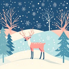 Reindeer In Winter Wonderland Paper Cut Style Illustration