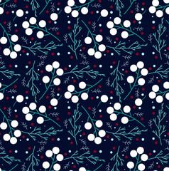 Christmas Seamless Blue Background with White Berries and Branches. Holiday Backgrounds for Christmas Packaging and Seasonal Design