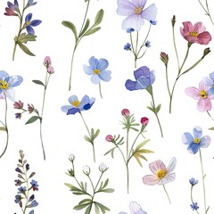 seamless, pattern Delicate floral pattern featuring various colorful wildflowers on a light background, perfect for spring or summer decoration