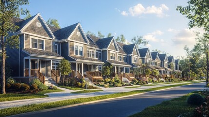 Charming row of townhouses showcasing unique architectural styles, vibrant colors, inviting doorways, lined along a peaceful street, reflecting a sense of community and home.