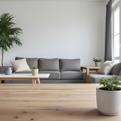 Fototapeta premium A wooden table in the foreground with a potted plant , with a living room in the background featuring a gray sofa and a large window.