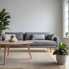 A wooden table in the foreground with a potted plant , with a living room in the background featuring a gray sofa and a large window.