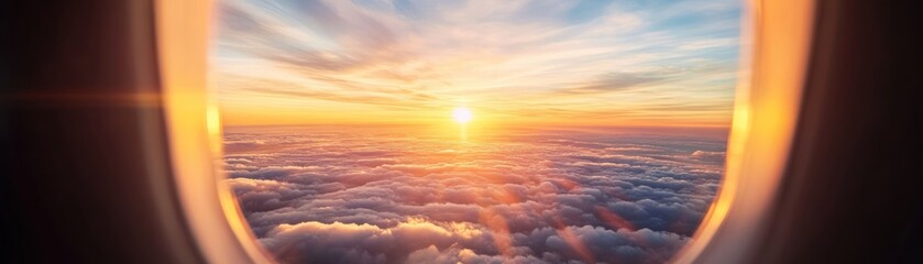 A breathtaking view of a sunset over clouds, seen through an airplane window, capturing the beauty of nature from high above.