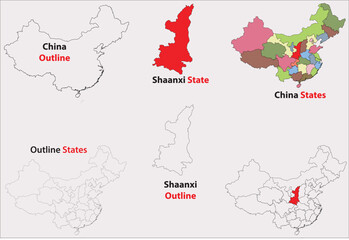 Shaanxi map vector of China, Shaanxi line map, Shaanxi with city map, Shaanxi outline map
