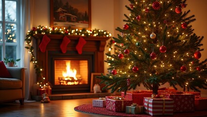 Festive living room with fireplace Christmas tree and presents