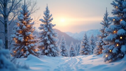 Naklejka premium Tranquil winter scene with snow covered trees distant mountains and golden Christmas lights
