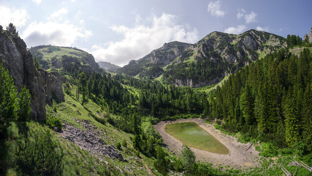 View of Drelaj lake and little Liqenat lake surrounded by the Accursed Mountains range, Rugove, Kosovo.