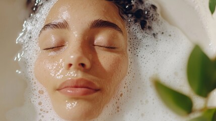 A woman with closed eyes finds serenity in a bubble bath, her face softly illuminated by warm light. Green leaves surround her, enhancing the peaceful atmosphere and emphasizing relaxation.