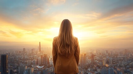 Embracing new horizons a woman gazing at a vibrant cityscape at sunrise reflecting on opportunities and aspirations