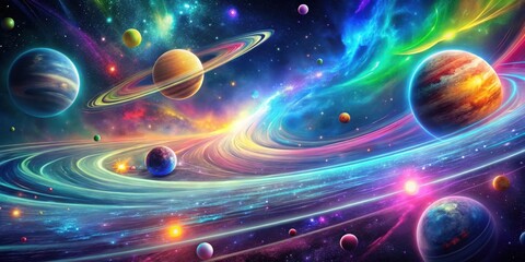 A vibrant cosmic dance of celestial bodies, where swirling nebulae and glowing rings create a breathtaking display of celestial color and wonder.