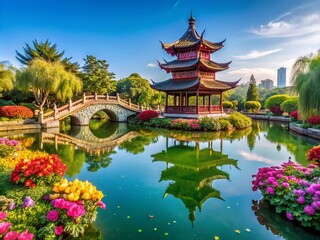 Fototapeta premium Serene Chinese Garden with Tranquil Lake - Architectural Photography