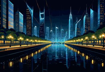 Futuristic Cityscape at Night with Illuminated Skyscrapers and River Reflection