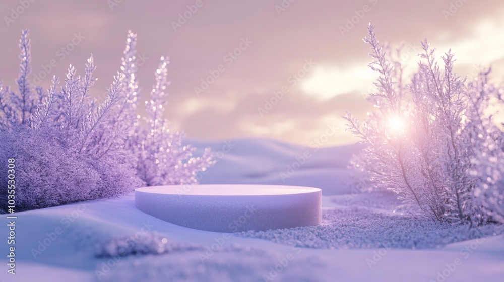 Aufkleber a tranquil winter scene showcases a circular platform in a snowy landscape, framed by shimmering fro