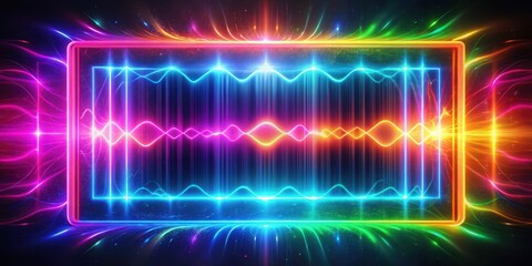 A radiant glow emanating from a neon square, illuminating a dark space with vibrant, pulsating waves of energy.