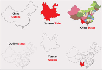 Yunnan map vector of China, Yunnan line map, Yunnan with city map, Yunnan outline map
