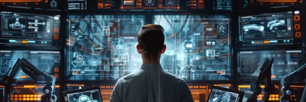 Head of the project manager monitoring and control automation robot arms machine with virtual interface. Concept of industry 4.0 technology and smart futuristic factory. 3d rendering
