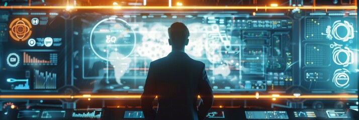 Head of the project manager monitoring and control automation robot arms machine with virtual interface. Concept of industry 4.0 technology and smart futuristic factory. 3d rendering