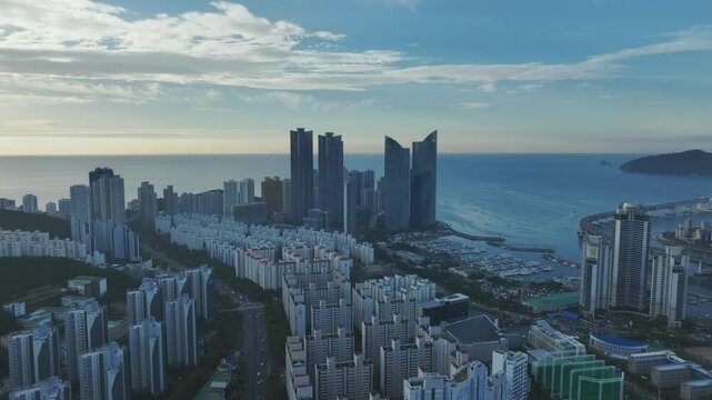 Drone View of Busan city in South Korea, Centum City, Summer, 60fps