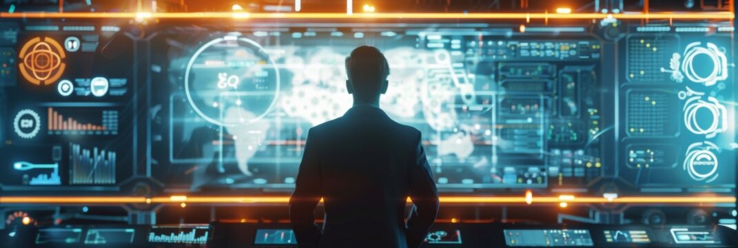 Head of the project manager monitoring and control automation robot arms machine with virtual interface. Concept of industry 4.0 technology and smart futuristic factory. 3d rendering