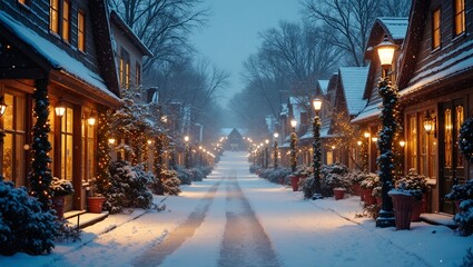 Cozy winter village street with Christmas decorations  falling snow