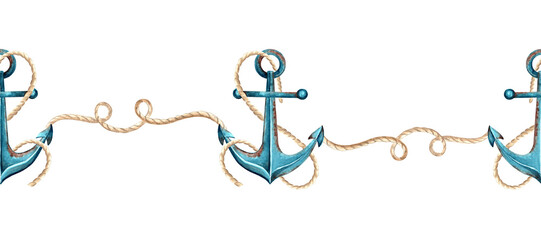 Seamless border underwater with anchor with rope. Hand drawn watercolor illustration isolated. Copy space. Mediterranean style. Ship navigation equipment. Marine template for wallpaper, textile, cover © susie_p_art
