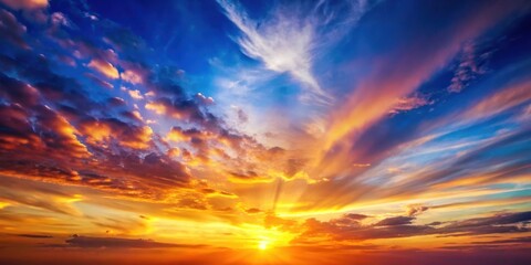 Obraz premium A vibrant and dramatic sunset sky with clouds illuminated by the golden rays of the sun