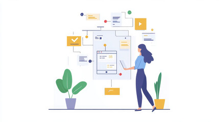 Fototapeta premium woman interacts with digital interface, visualizing strategy for success through clear mechanisms and organized information. scene conveys sense of innovation and productivity