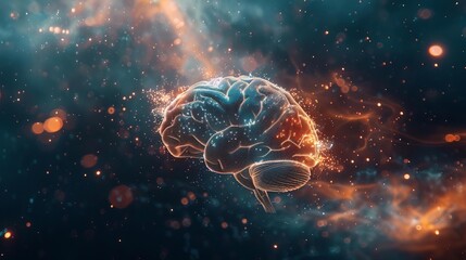 Futuristic digital brain with glowing connections in a cosmic background, symbolizing advanced technology and artificial intelligence.