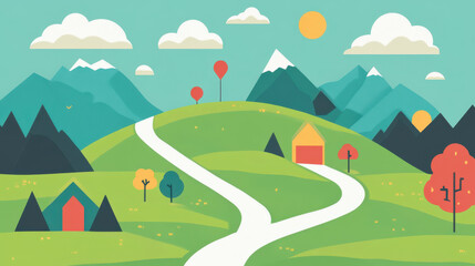 Fototapeta premium vibrant landscape featuring rolling green hills, colorful trees, and winding path leading to charming houses. scene is bright and cheerful, evoking sense of tranquility and adventure