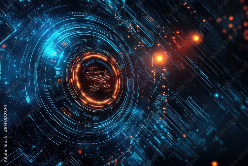 Poster abstract digital background with glowing lines and circular patterns, ideal for technology and futur