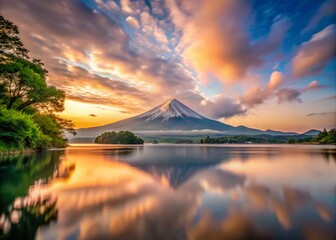 Serene Long Exposure of Mount Fuji Surrounded by Ethereal Clouds at Dawn