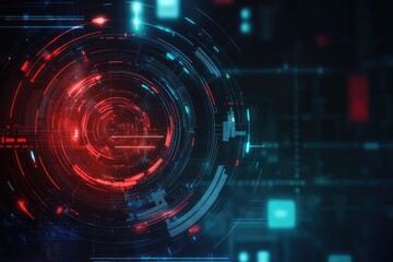 Obraz premium Futuristic digital interface with glowing circles and technological patterns in red and blue tones, ideal for science and technology themes.